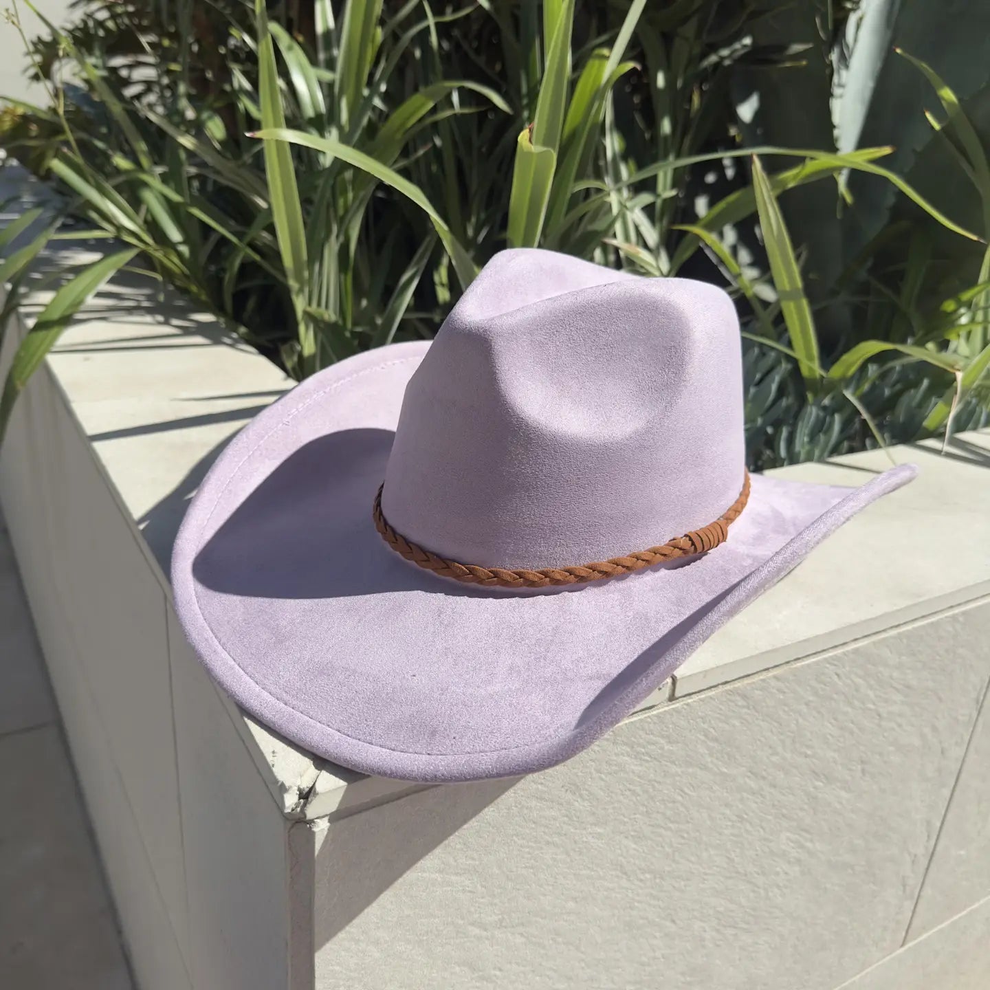 Vegan Suede Cowboy Hat (Lavender) with braided suede band