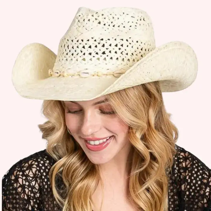 Straw Cowboy Hat with Beaded Shell Band (Ivory)