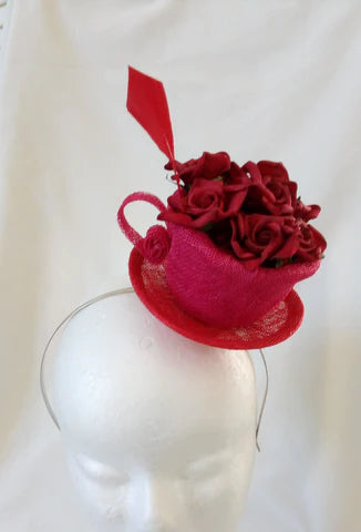 Red rose cup and saucer headpiece SOLD