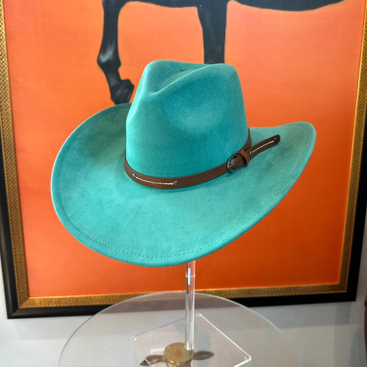 Vegan Suede Cowboy Hat- (Teal) with belt style band