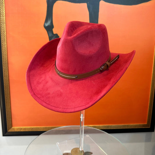 Vegan Suede Cowboy Hat - (Wine) with belt style band
