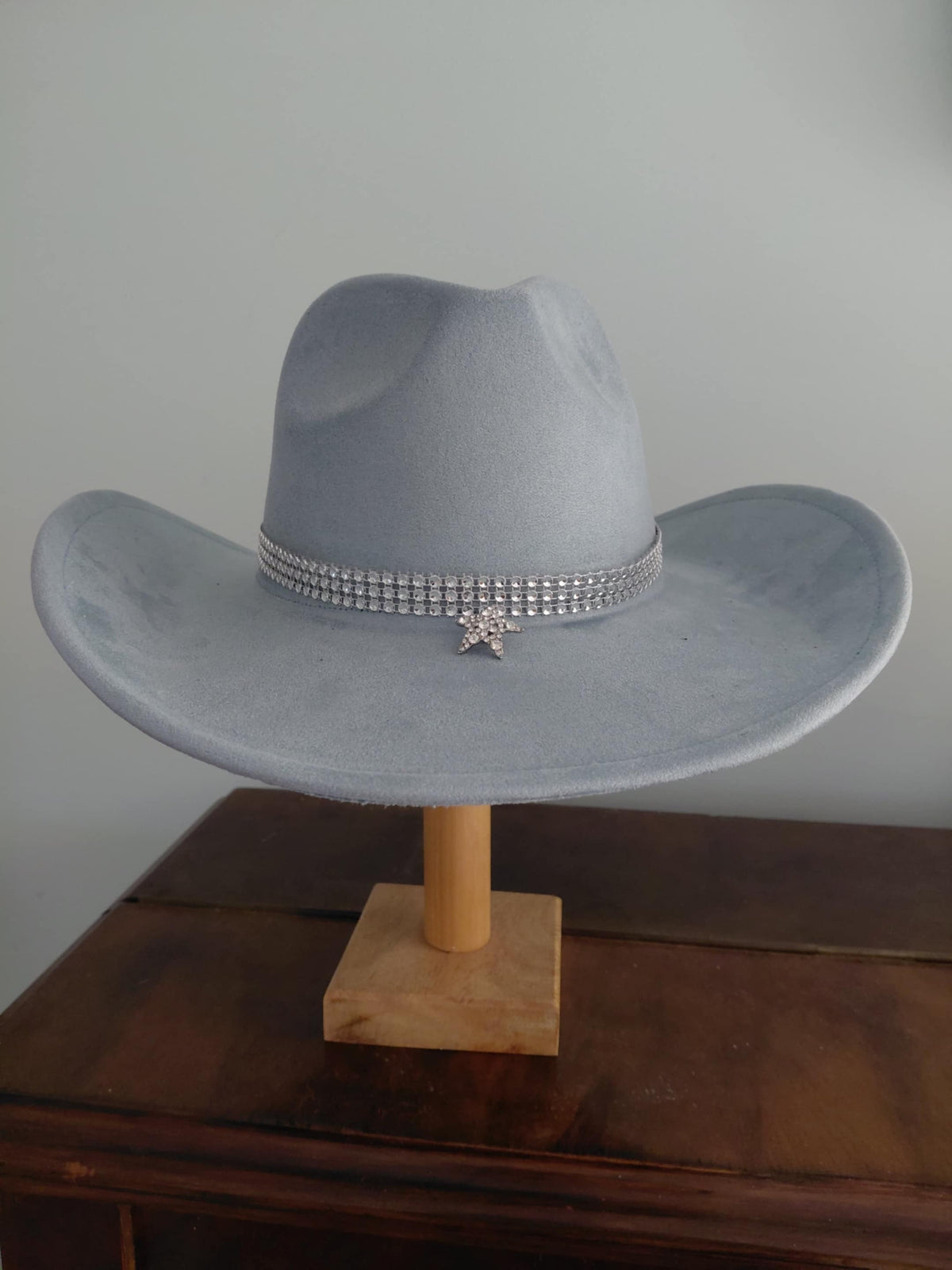 Light blue vegan suede cowboy hat with rhinestone hat band