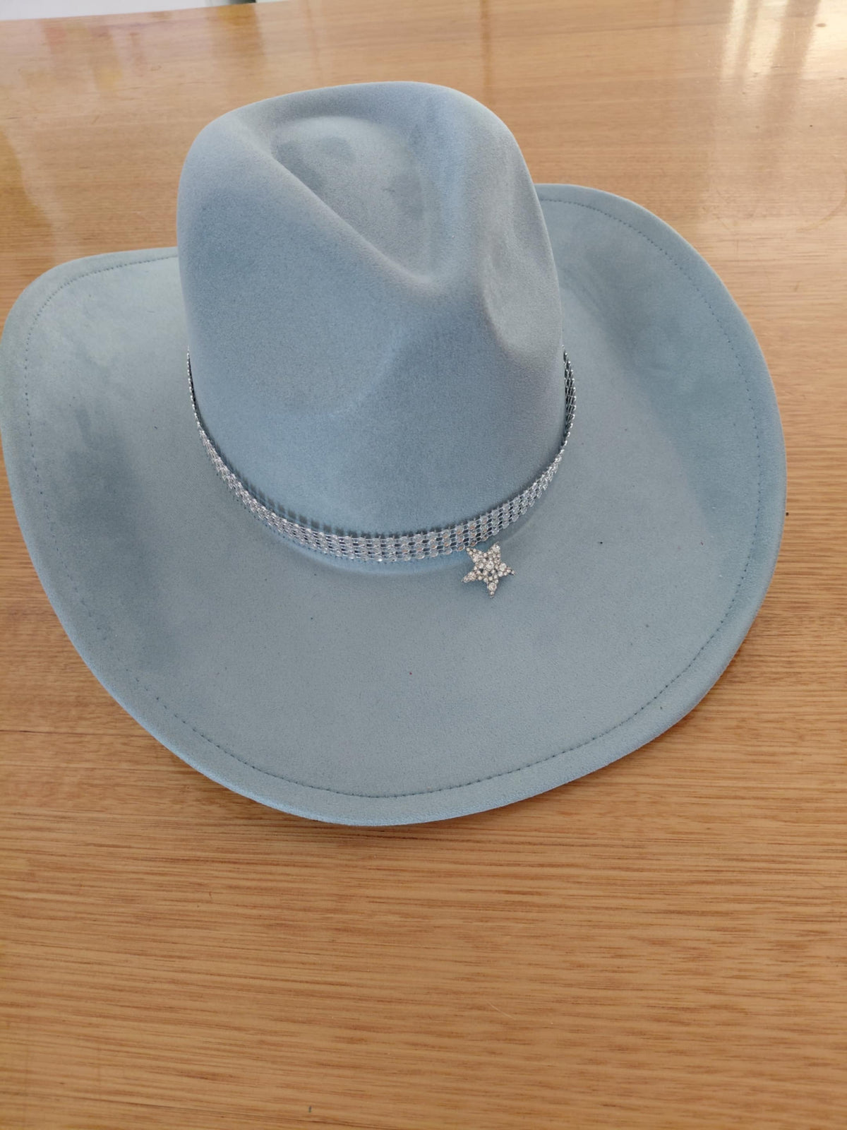 Light blue vegan suede cowboy hat with rhinestone hat band