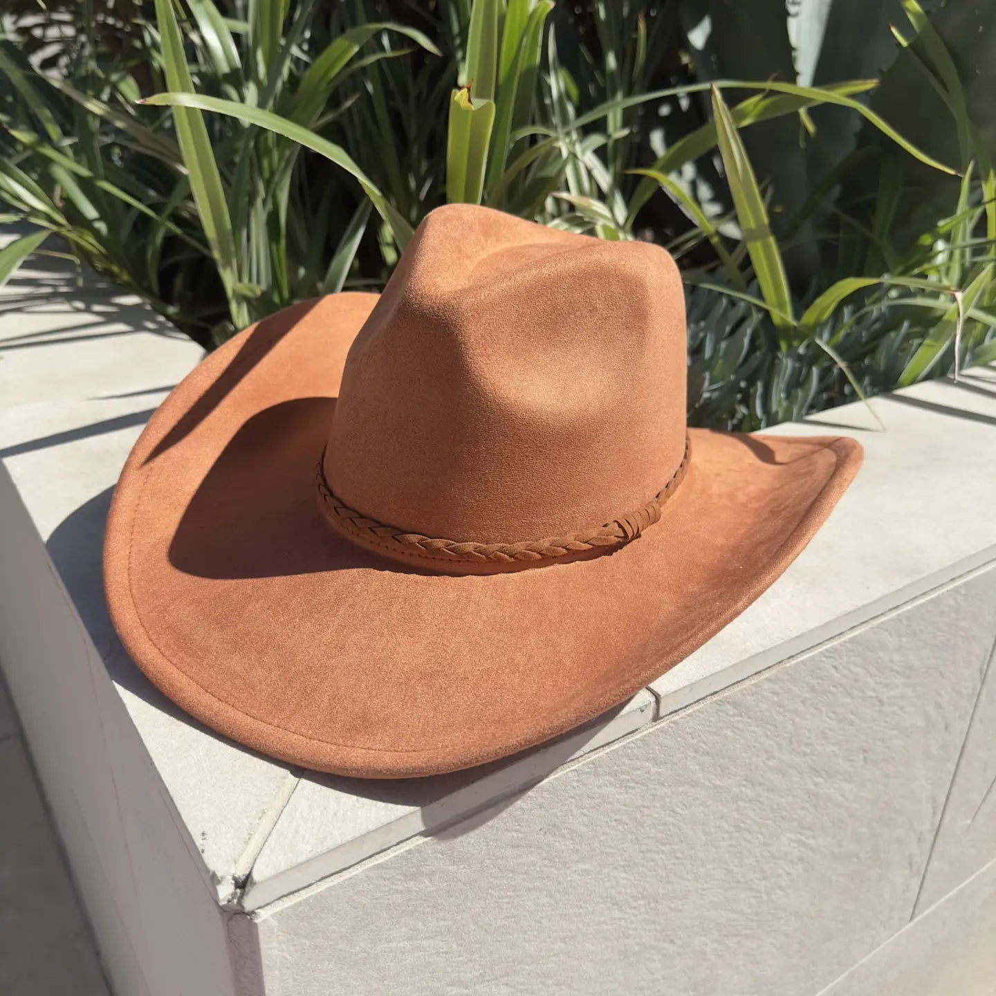 Vegan Suede Cowboy Hat (Caramel) with braided suede band
