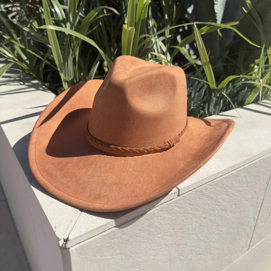 Vegan Suede Cowboy Hat (Caramel) with braided suede band