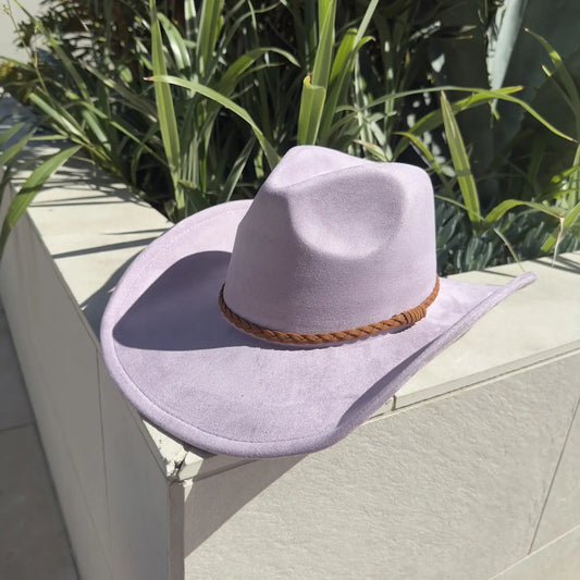 Vegan Suede Cowboy Hat (Lavender) with braided suede band
