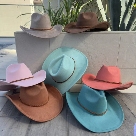 Vegan Suede Cowboy Hat (Mint) with braided suede band - Pictured in the middle of photo