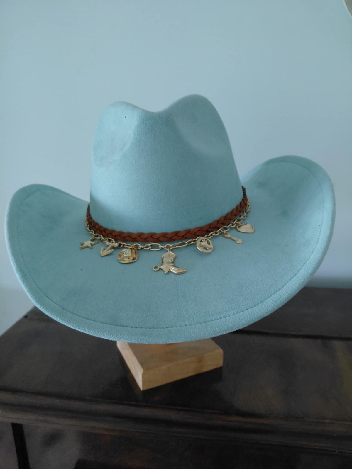 Mint Cowboy Hat  | Brown Suede Hat Band and Gold-coloured Chain with  Western Charms