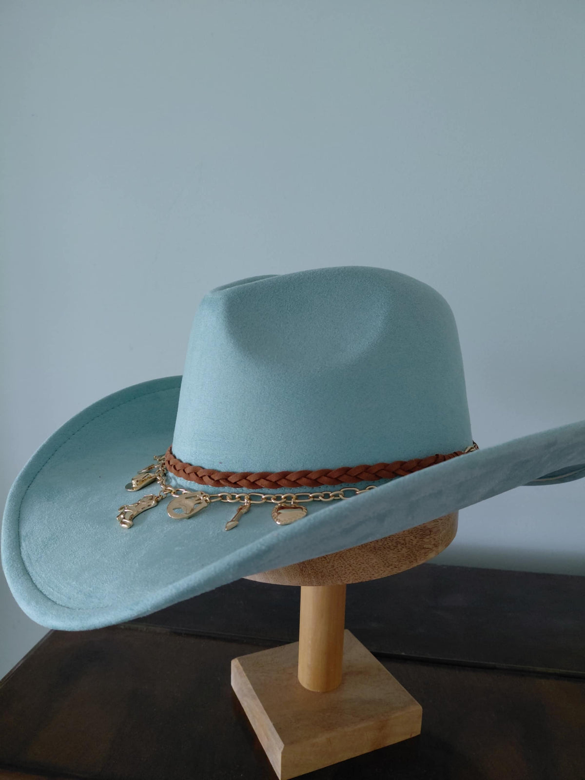 Mint Cowboy Hat  | Brown Suede Hat Band and Gold-coloured Chain with  Western Charms