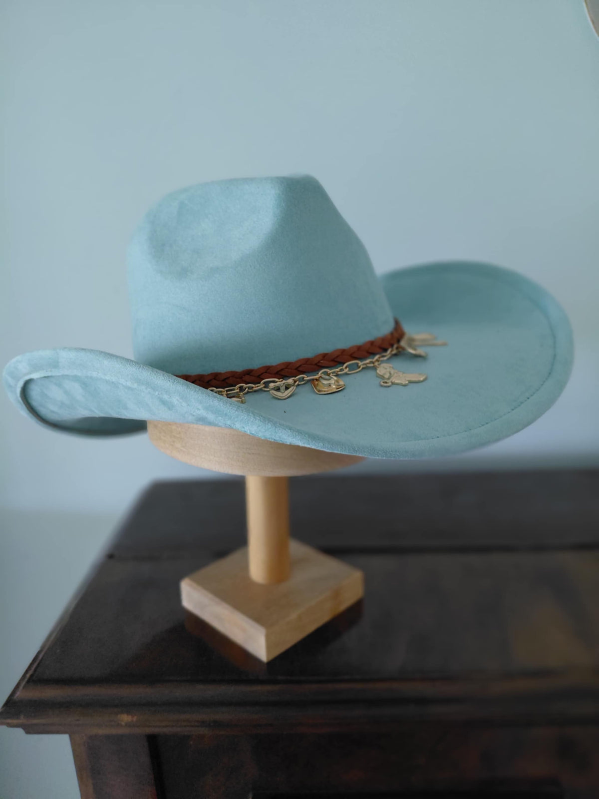 Mint Cowboy Hat  | Brown Suede Hat Band and Gold-coloured Chain with  Western Charms