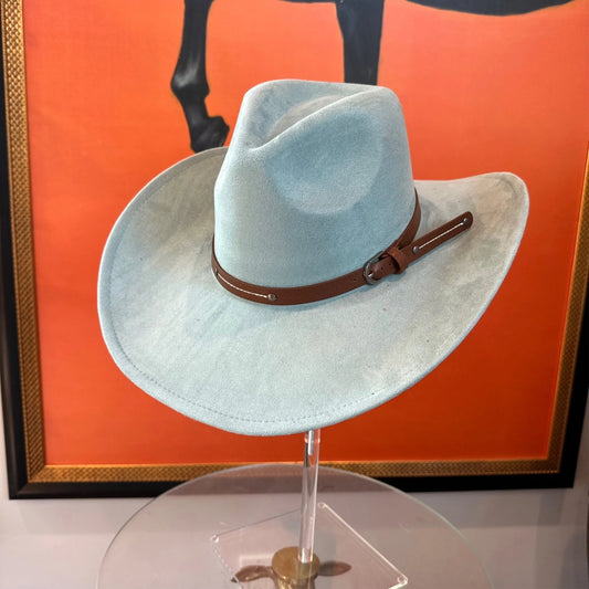 Vegan Suede Cowboy Hat (Pale Blue) with belt style band