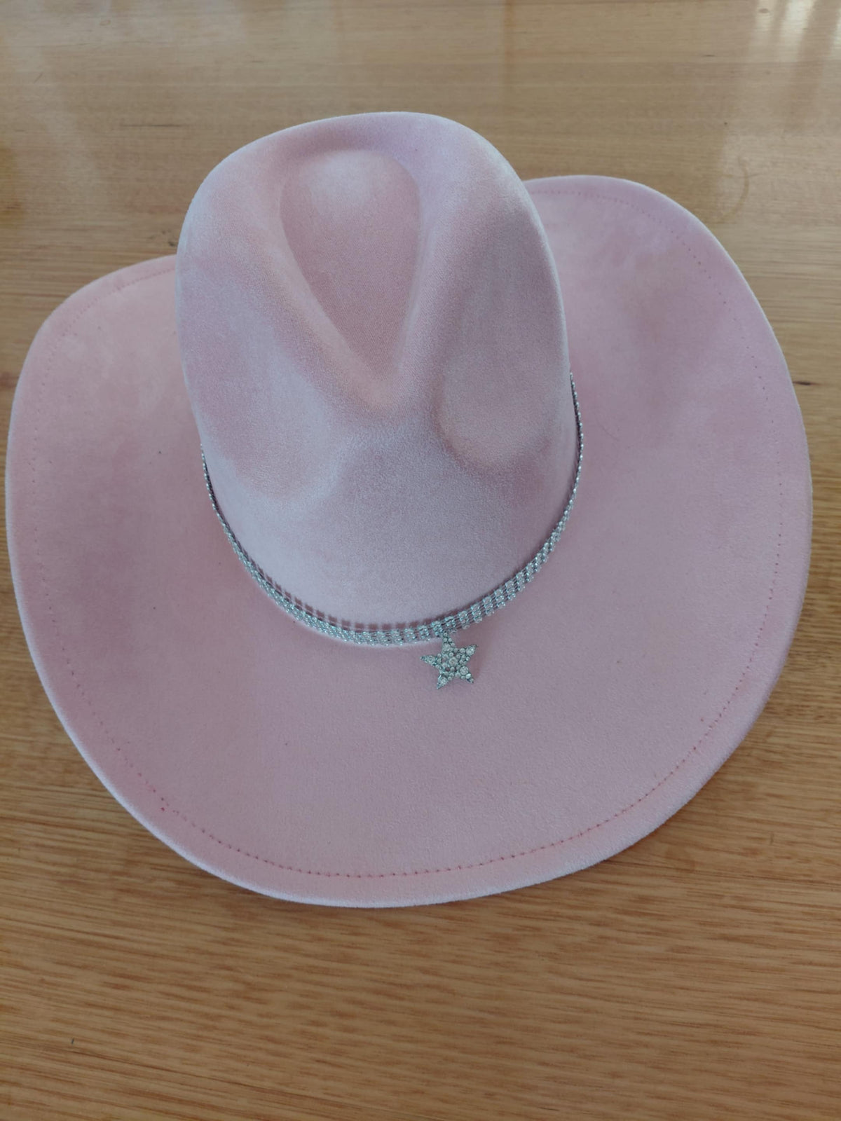 Pink vegan suede cowboy hat with rhinestone hat band