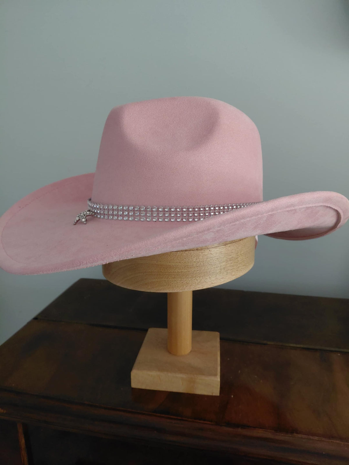 Pink vegan suede cowboy hat with rhinestone hat band