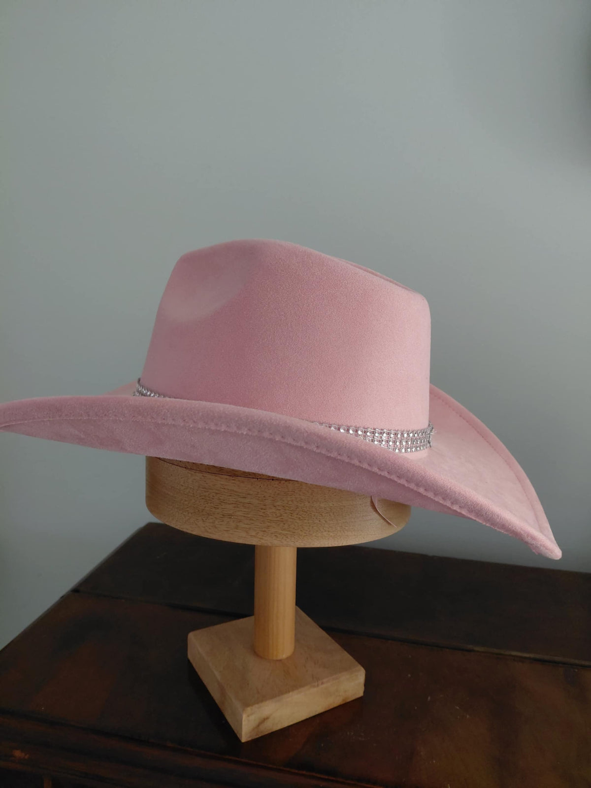 Pink vegan suede cowboy hat with rhinestone hat band