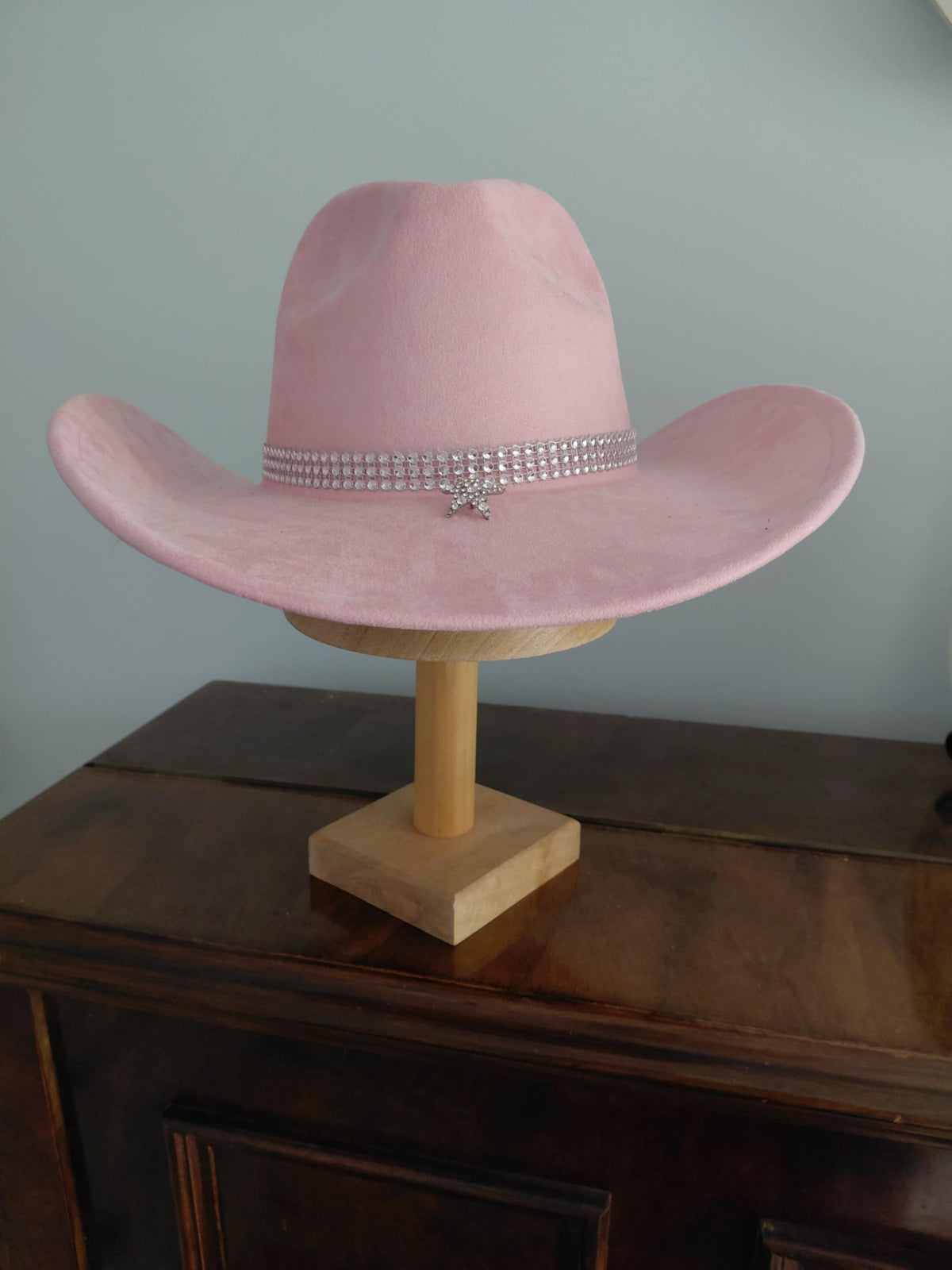 Pink vegan suede cowboy hat with rhinestone hat band