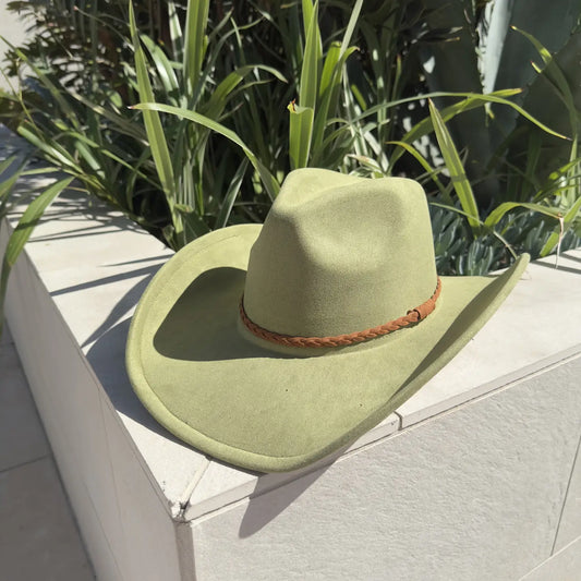 Vegan Suede Cowboy Hat (Sage) with braided suede band