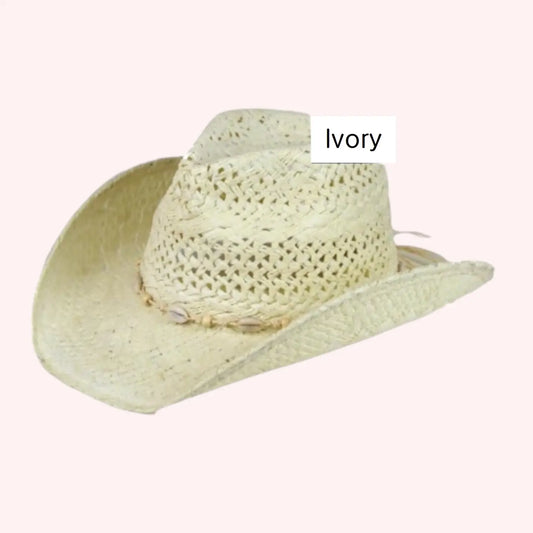 Straw Cowboy Hat with Beaded Shell Band (Ivory)