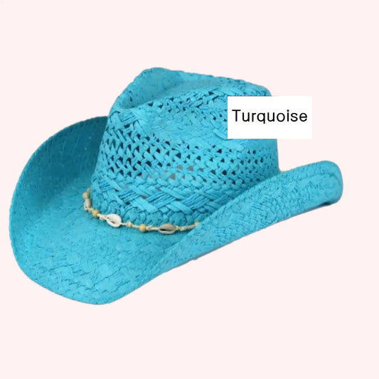 Straw Cowboy Hat with Beaded Shell Band (Turquoise)