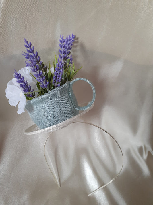 Lavender blue sinamay cup and saucer headpiece