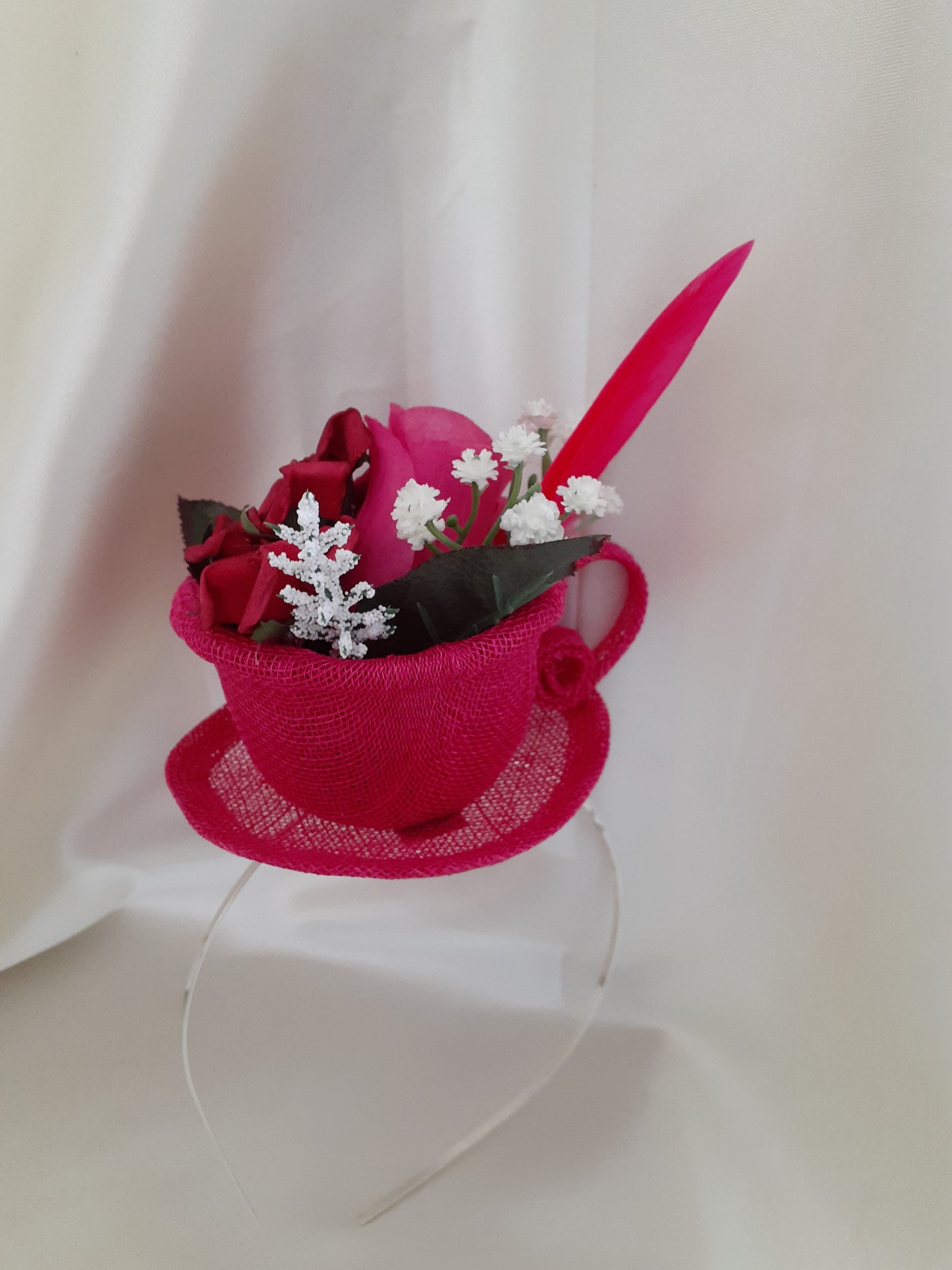 Pink and red rose cup and saucer headpiece
