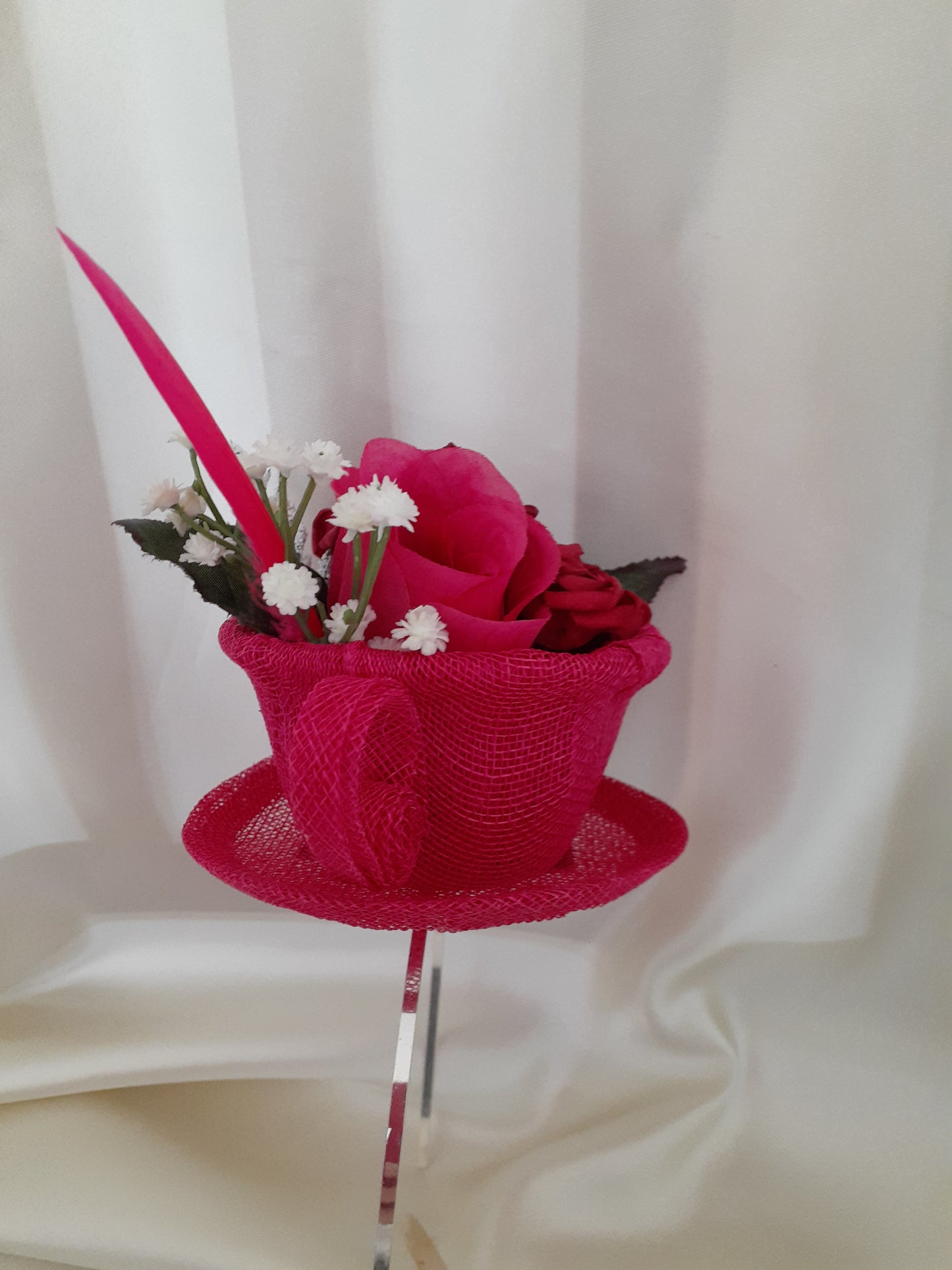 Pink and red rose cup and saucer headpiece