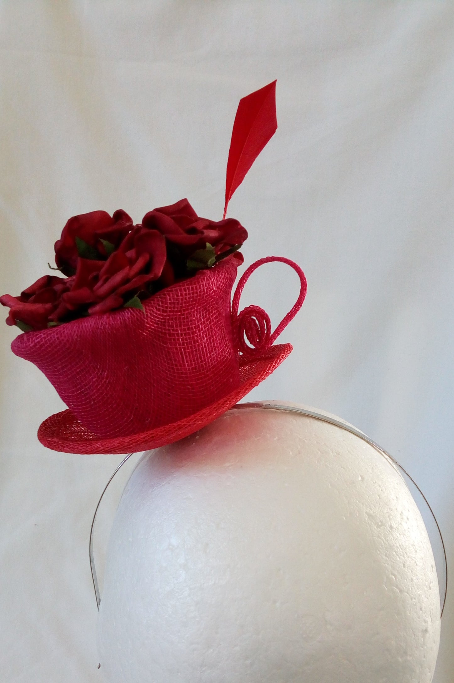 Rose sinamay cup and saucer headpiece